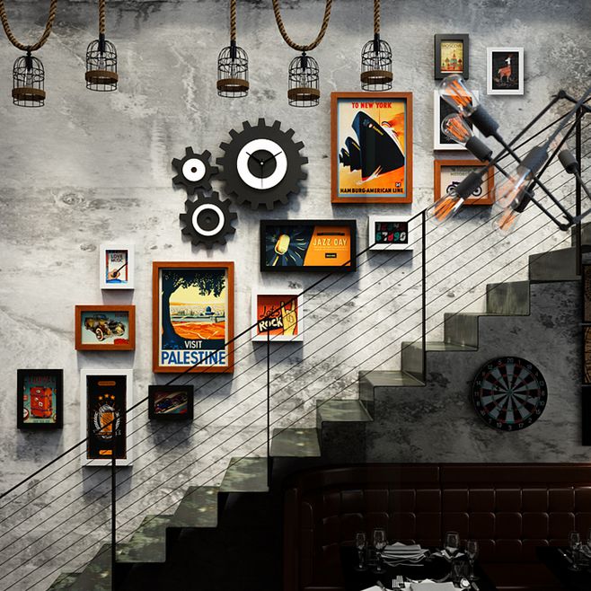 工業風餐廳樓梯墻面裝飾復古酒吧飯店走廊過道背景墻齒輪墻壁掛件
